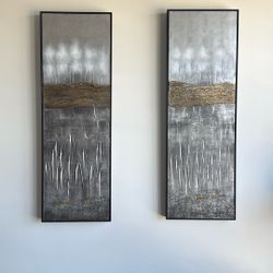 Modern Textured Abstract Wall Art Set (2 Panels) – Metallic Gray & Gold – Large Vertical Pieces