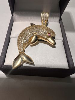 Real Gold 14k solid Gemstone Cubic Zirconia Dolphin Pendant