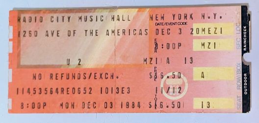 U2 1984 Radio City Music Hall, NY, NY 12/3/1984...Excellent Condition
