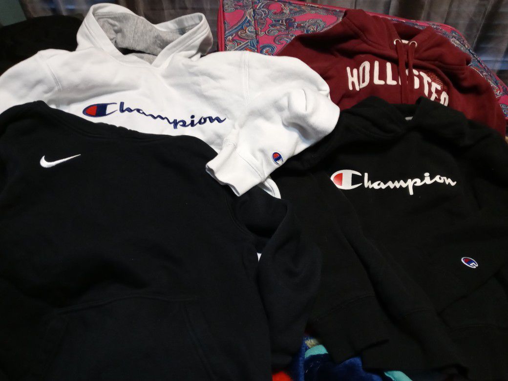Nike (2) Champion and Hollister Hoodies . Med age 8-10 Asking $60 For All 4 All In Great Shape