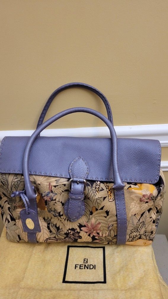 Fendi Selleria Metallic Purple Leather And Canvas Safari Print Handbag 