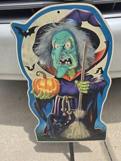 Vintage Halloween Witch Plastics Yard Or Wall Sign Decor