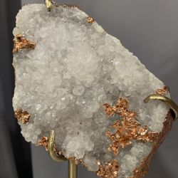 Rare White Quartz geode With Rose Gold Wrap On  bronze Stand