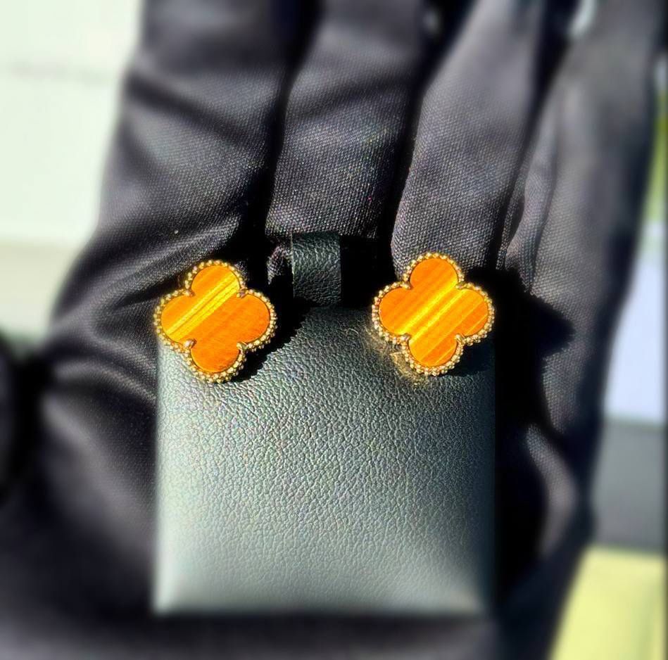 18k yellow gold Van Cleef style Alhambra style Tiger eye stone clover clip back earrings