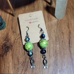 Handmade Green and Blue Dangle Cancer Awareness Earrings