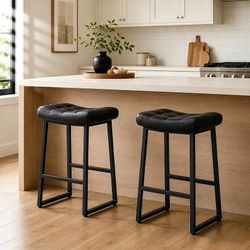 K598 $55 Black Bar Stools Set of 2 for Kitchen Island Counter Height Stools Modern Backless Barstools with Upholstered Faux Leather Saddle Seat and M