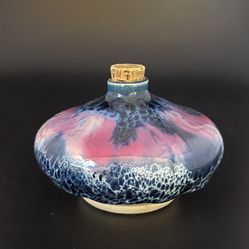 Art Pottery France Mini Jug Bottle with Cork Pink Blue 3.5”D x 2.5” H 