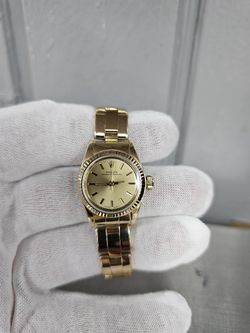 Rolex 25mm Ladies Oyster Perpetual Solid 18k Yellow Gold Tropical Dial Ref 67198