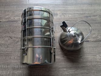 Stainless Steel Camping Cooking Set: Teapot, 8 Plates & 5 Bowks