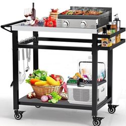 Outdoor BBQ Grill Cart on Wheels – 2-Tier w/ Side Shelves & Hooks | Griddle Ready