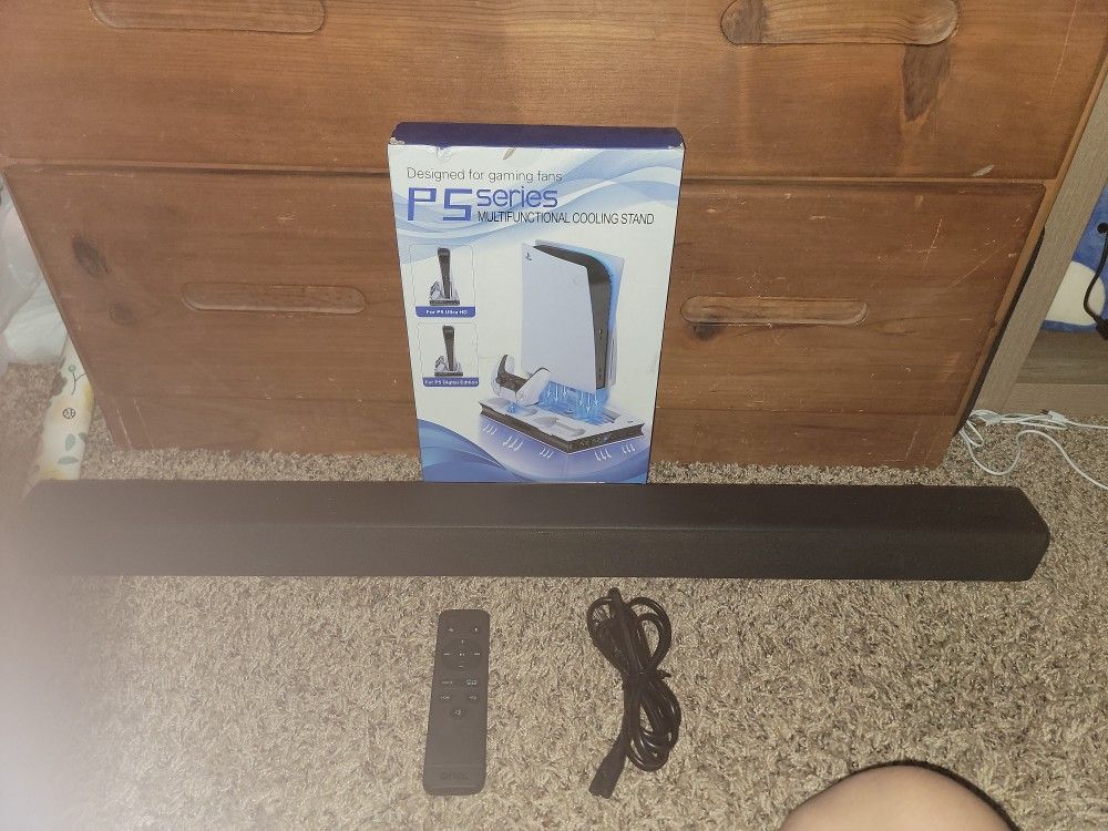 Onn Soundbar For Anything Working And With Power Cord And Remote. Come With Ps5 Cooling Station For $20. All Together Is $100