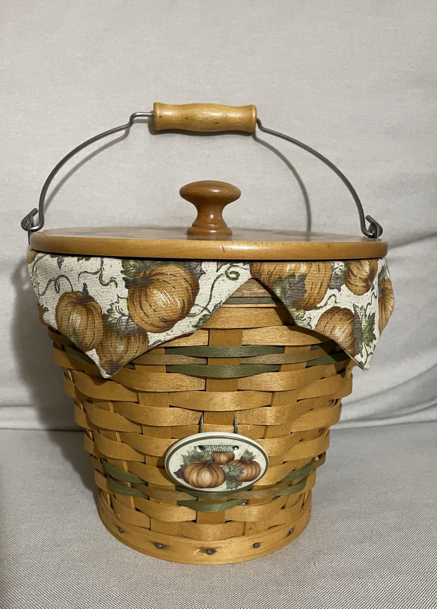 LONGABERGER 2002 SAGE AUTUMN PAIL BASKET W/ PUMPKIN PATCH W/ LINERS WOOD LID