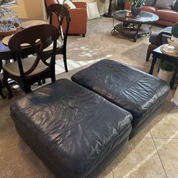 ( 2 )  Leather Blue Chairs ( Wide) and ottomans  $$ 110.00 for all