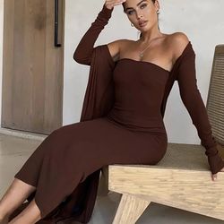 Brown 2 Piece Set  Stretch Tube Dress And Matching Robe Lounge Dress Small