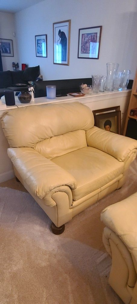 Off-White Leather Armchairs and Ottoman