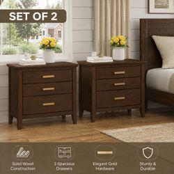 Dark Walnut Solid Wood Nightstands – Set of 2 | 3-Drawer Bedside Tables