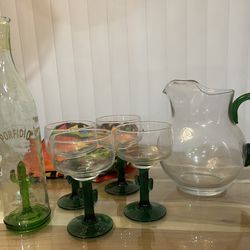 Mexican Cactus Hand Blown Glass Margarita Pitcher 4 Margarita Glasses set Porfidio Tequila bottle Shipping Available 