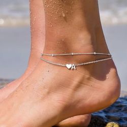 PROSILVER 925 Sterling Silver Dainty Layered Heart Anklet Initial A