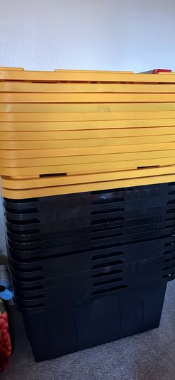 Black and yellow storage bins