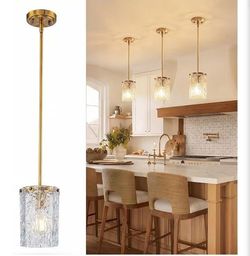 Pack Brushed Gold Pendant Light for Kitchen Island, Hand-Made Water Ripple Glass Chandelier, Luxury Modern Brass Adjustable Hanging Ceiling Light