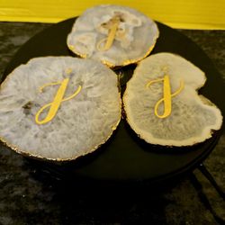 Set Of 3 Anthropology Monogram Agate Coaster With a Gold Plated Edge and Gold J Initials. 