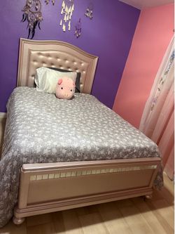 Rose Gold Queen bed frame and headboard set with dresser and mirror