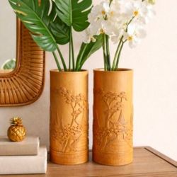 Set 2 Vintage Hand Carved Bamboo Vases wPagoda