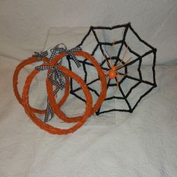 3 Orange Halloween Wicker Wreaths 10-11" Across Plus One 16" Wide Spider Web (With Spider) All For 1 Price