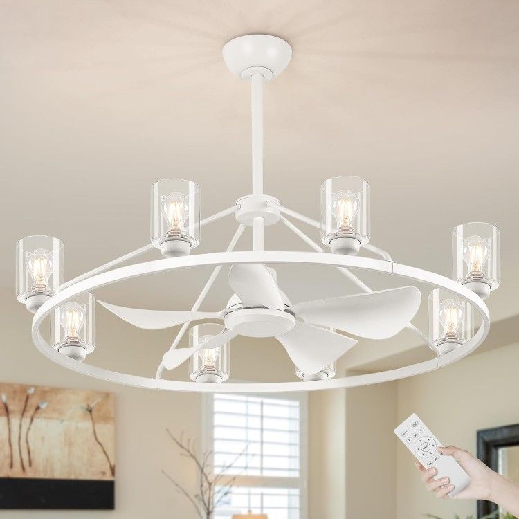 44" Large Ceiling Fans with Lights Wagon Wheel Chandelier, Farmhouse Fandelier Black Fans with Glass Lampshade Light Fixture, 6 Speed, Timing, Adjusta