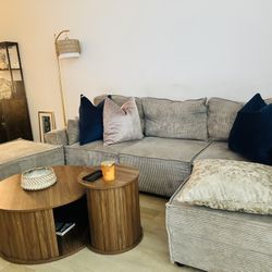 Neutral Color Sectional Sofa With chaise Ottoman, Modern deep Seat Corduroy Sofa — gently Used