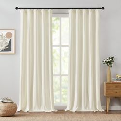 JINCHAN Velvet Light Filtering Curtains, 108 inches, Rod Pocket Back Tab, 2 Panels in Ivory (NEW)