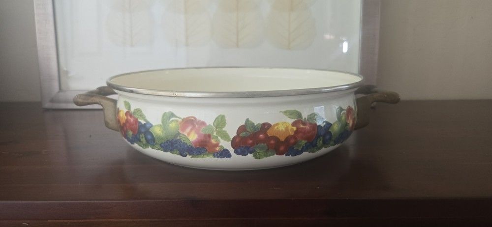 Vintage Lincoware Enamelware Pan w/ Brass Handles β Retro Fruit Motif πππ