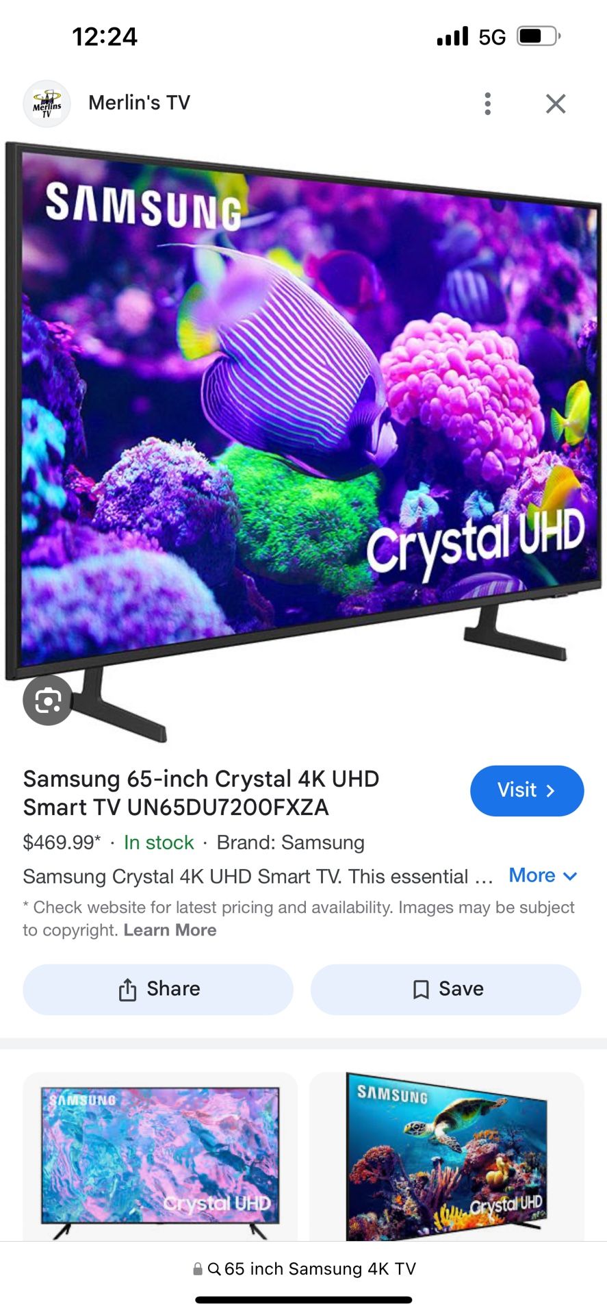 65 inch Samsung smart TV. 4K crystal clear.