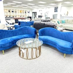 4: Tax Season Event!! Sculptural Modern Glam Blue Or Gray Velvet sofa w/touch of curve appeal 