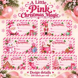 Pink Christmas Gift Labels, 200-Count Roll, 2 x 1.18 in