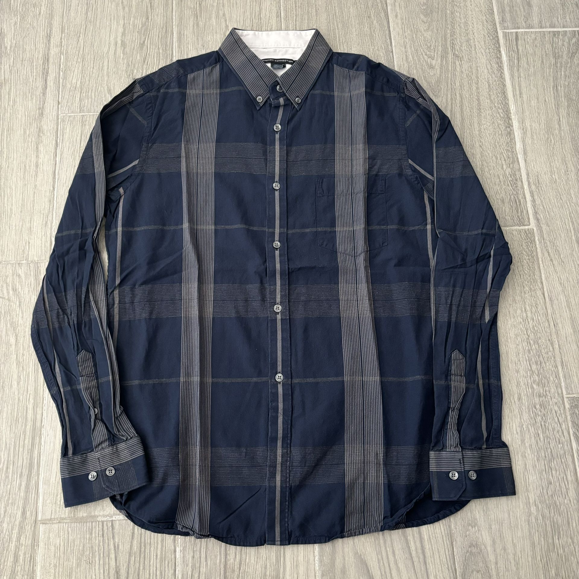 French Connection Men’s Large Blue Grey Plaid Long Sleeve Button Shirt