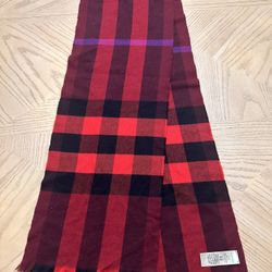 BURBERRY FRINGED PLAID CHECK WOOL CASHMERE BLEND RED/BLACK SCARF 