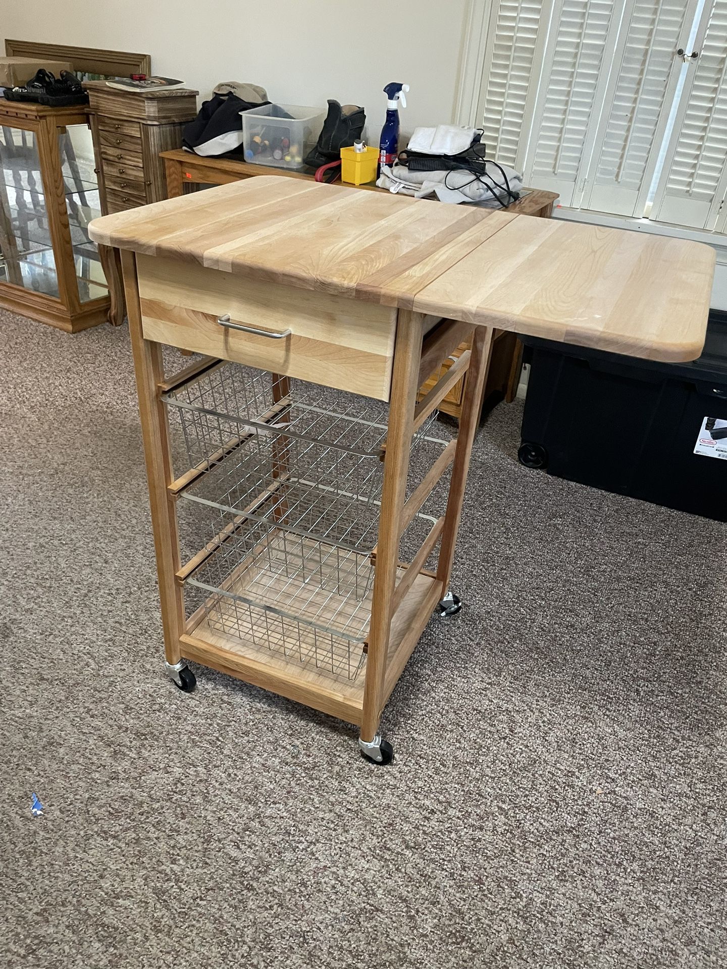 Rolling Oak Island With Drawer, 3 Sliding Baskets And A Foldable Working Surface.