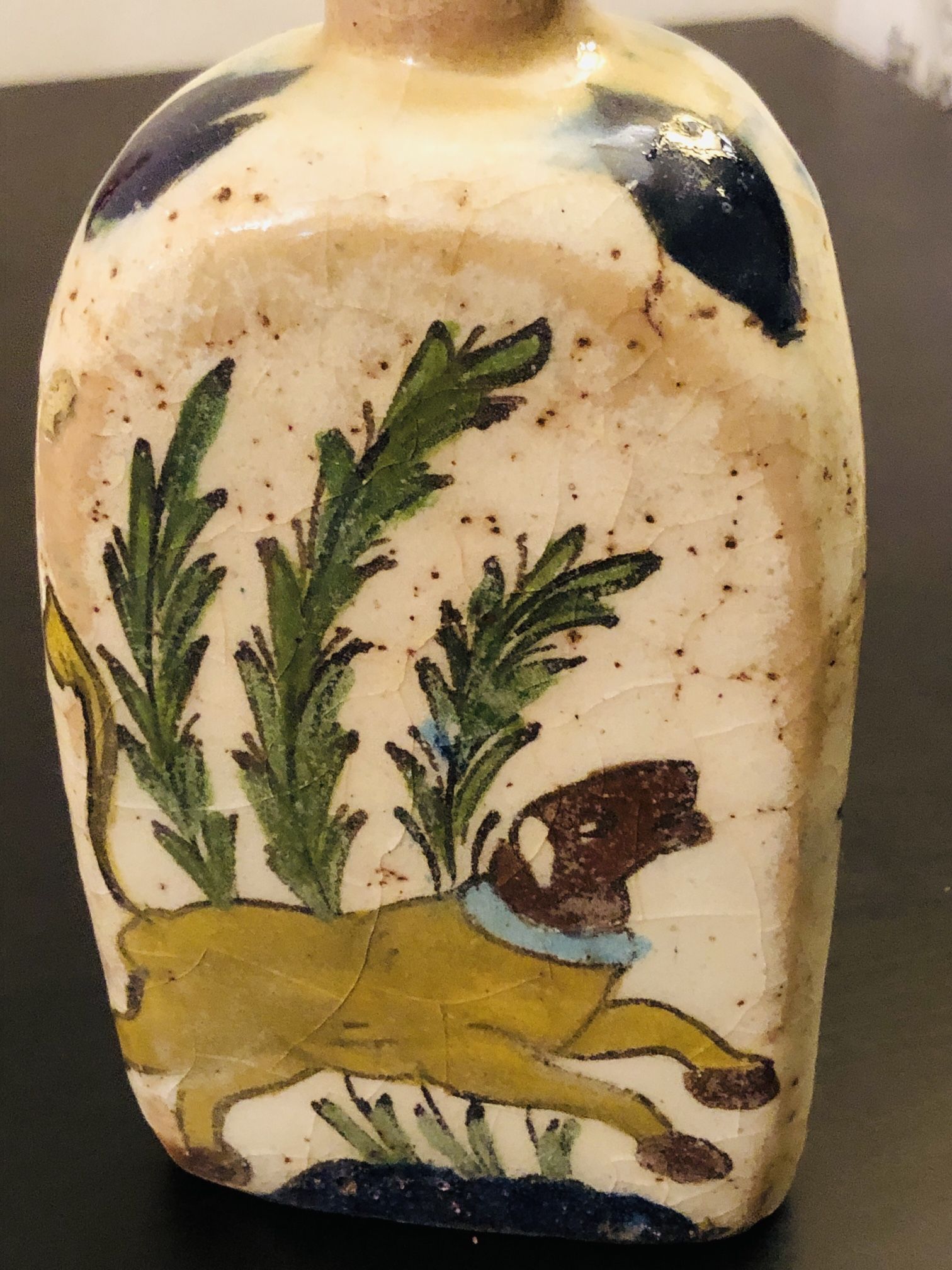 Antique Glazed Very Old Triangle Bottle With Hand Painting