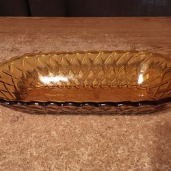 Vintage Amber Indiana Glass Oval Village Candy Dish MCM Pretzel Pattern