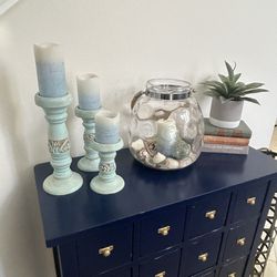 3 Blue And White Candle Holders Wood Beachy
