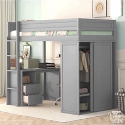🛏️ New Gray Wood Twin Loft Bed with Desk & Wardrobe – Space-Saving Design! 🛏️ 