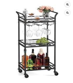 Black Metal 3-Tier Rolling Bar Cart