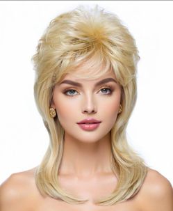 F59) Airhostess Mullet Wig for Women 80s 90s Costumes Fancy Party Accessory Halloween Hair Wig (Light Blonde)