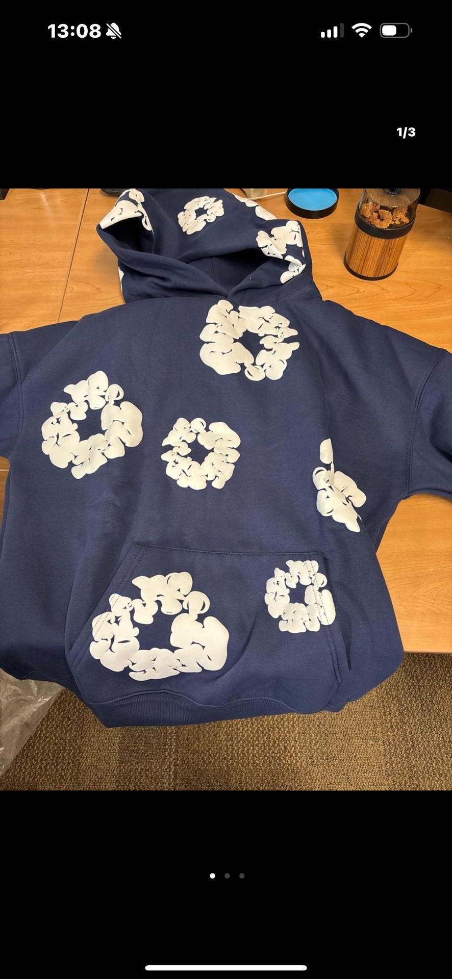 Navy and white denim tears hoodie