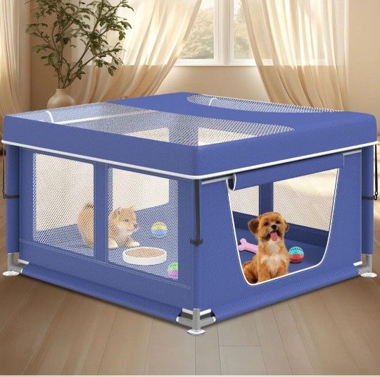 Dog Playpen 42 × 42 Inch, Puppy PlayPen with Gate for Puppies, Cat, Small and Medium Dogs, Pet PlayPen with Roof for Outdoors & Indoors, Thickened Fab