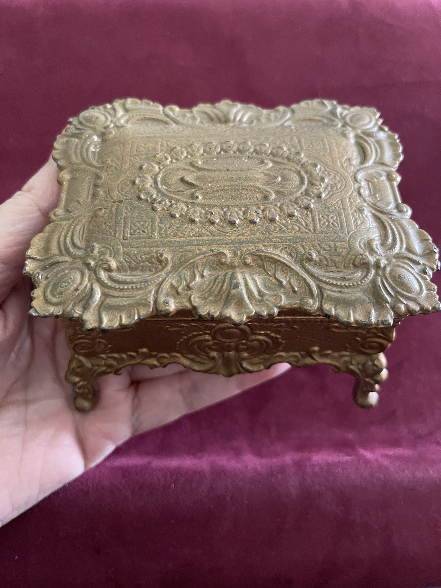 Vintage Antique Ornate Footed Gold tone Trinket Box Heavy 