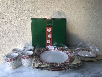 Red and White Christmas Dishes in the Charlton Hall Pattern by Kobe Japan Setting For 4
