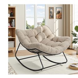 Papasan Rocking Chair Indoor, Oversized Rocking Chair with Thickened Cushion, 450 lbs Large Comfy Egg Chair Indoor,Cozy Lounge Reading Glider Chair fo