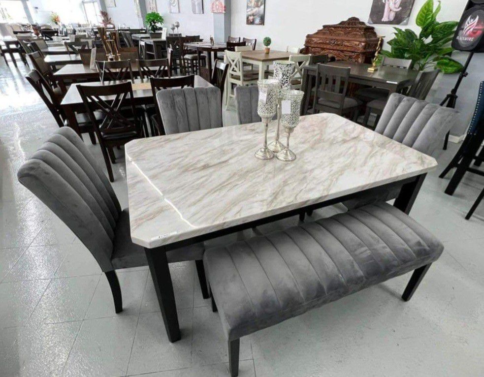✅️✅️ 5 pc Pascal black wood finish faux marble top dining table set grey fabric (Bench not included)